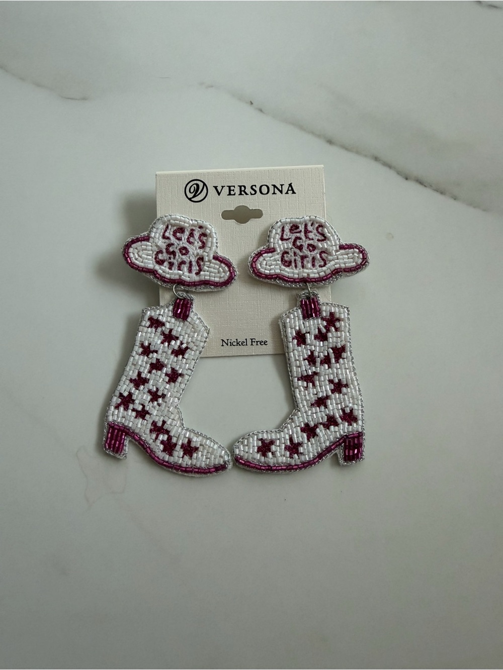 New and Unworn- Versona White & Pink Beaded Cowboy Boot Earrings with Hat Studs
